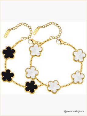 18K Gold Plated Charm Bracelet Set Adjustable Lucky Floral Design